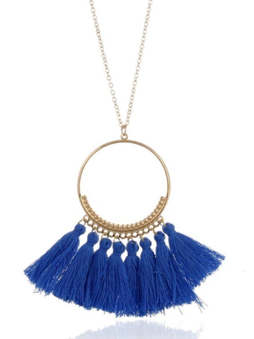 Dark Blue Round Tassel Long Boho Gypsy Beaded Gold Statement Necklace